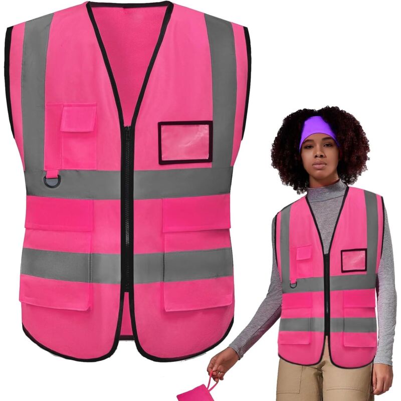 Rose Xl Gilet De Sécurité Avec Poches Et Fermeture Éclair,Gilet Fluorescent De Sécurité,Gilet De Securite Reflechissant,GiletFemme,Gilet