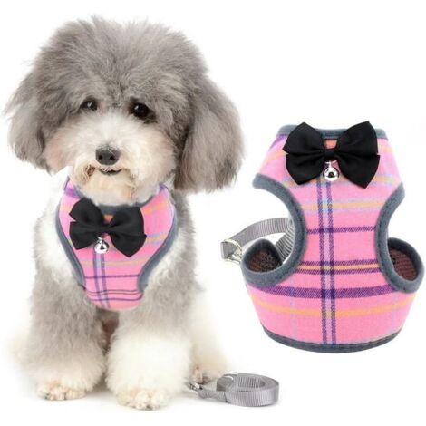 (Rose)Harnais et Laisse Petit Chien Anti Traction avec nœud Papillon Cloche de sécurité,Anti-Fuite Reglable Harnais pour Chats/Chaton L