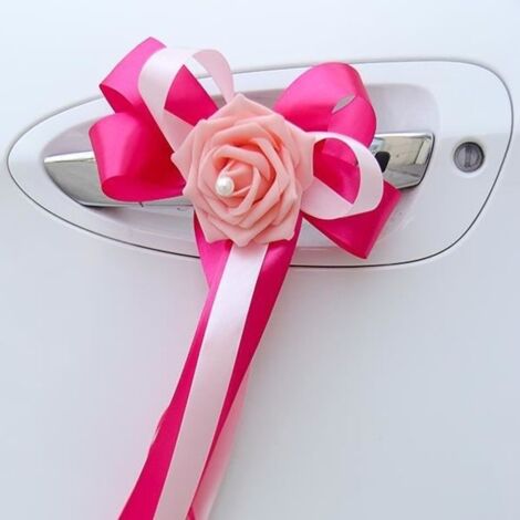 (Rose)Lot de 6 nœuds ruban satin à double couleur avec fleur décorée d'une perle nacrée - décoration tulle voiture de mariés mariage Rose