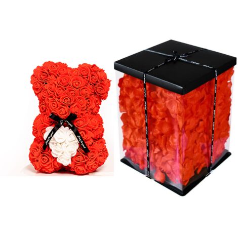 Rosenbär 25cm rot mit weißem Herz+ VERPACKUNG+ BLÜTENBLÄTTER