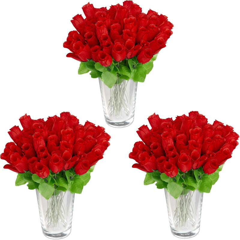 Relaxdays - Roses artificielles, lot de 144, fleurs artificielles, avec tige et feuilles, cadeau, mariage, hauteur 26 cm, rouge