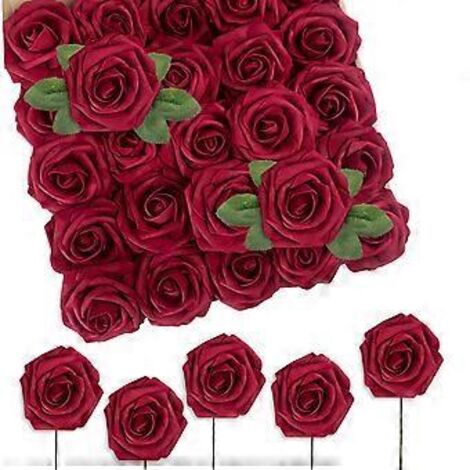 Roses artificielles, lot de 25 fleurs décoratives avec tiges, pour bouquets de mariage à faire soi-même et décoration intérieure, rouge foncé
