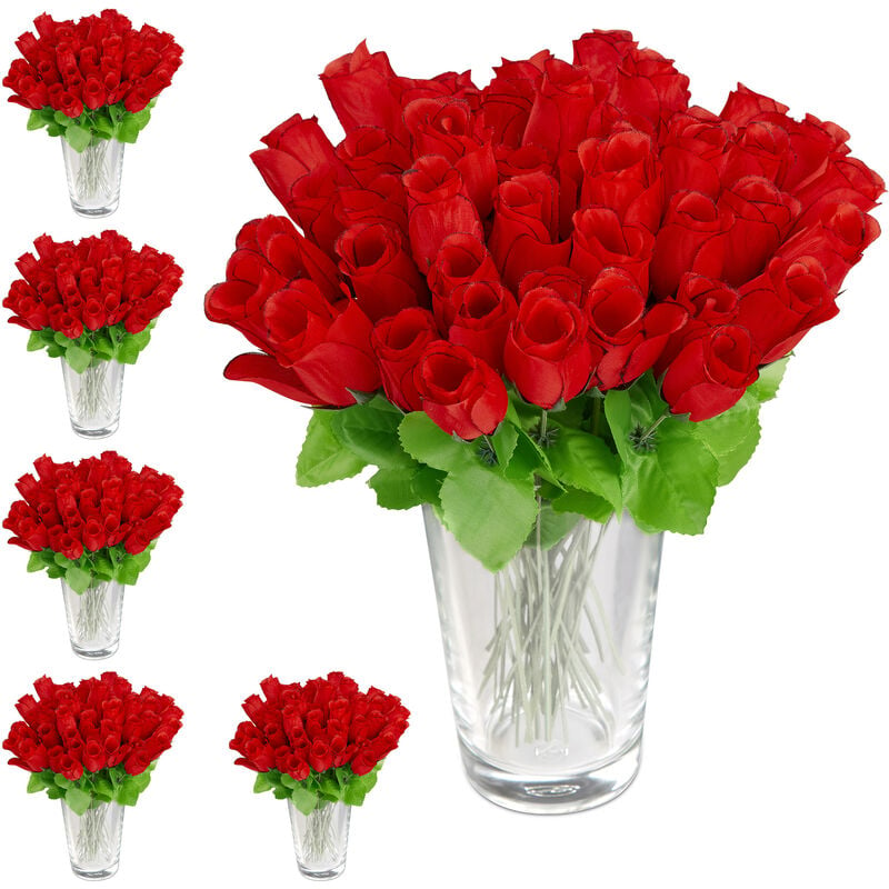 Roses artificielles, lot de 288, fleurs artificielles, avec tige et feuilles, cadeau, mariage, hauteur 26 cm, rouge