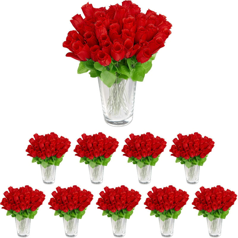 Roses artificielles, lot de 480, fleurs artificielles, avec tige et feuilles, cadeau, mariage, hauteur 26 cm, rouge