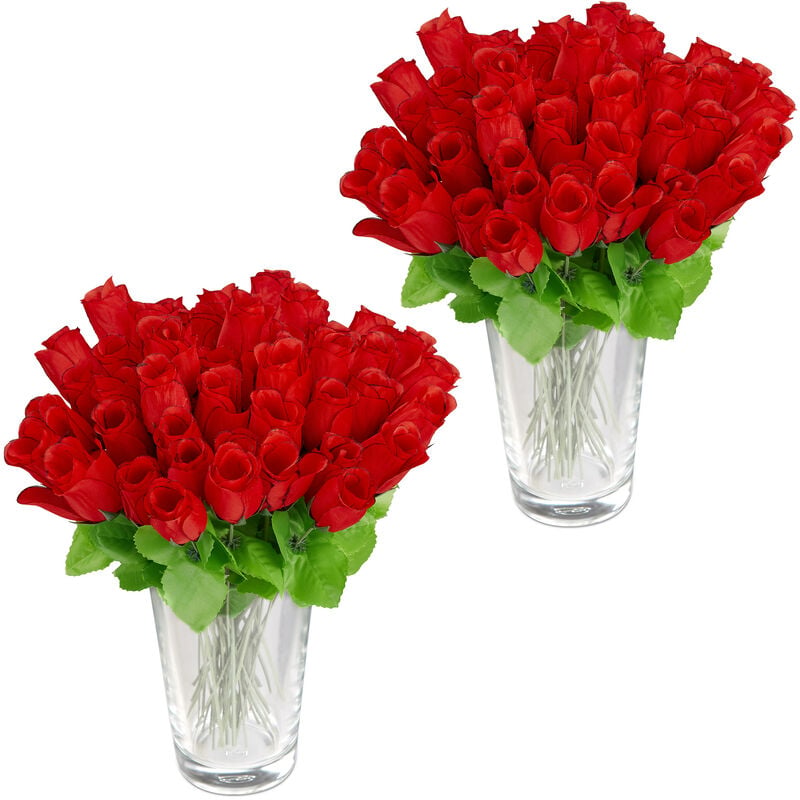 Roses artificielles, lot de 96, fleurs artificielles, avec tige et feuilles, cadeau, mariage, hauteur 26 cm, rouge