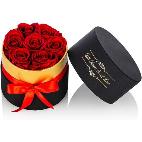 Roses Conservées Rouges dans Une Boîte à Fleurs Taille Petit à la Main Vraies Fleurs Pétales Éternels, Cadeaux Romantiques pour Petite Amie, Fête des Mères Anniversaire Mariage Noël-Fei Yu