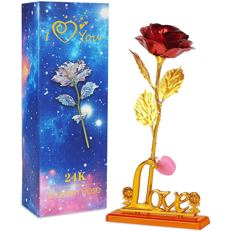 Roses dorées feuille or support cœur, cadeau unique pour Saint-Valentin ou fête