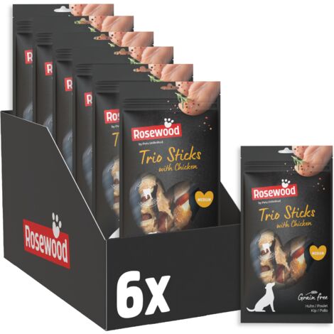 Rosewood Trio Sticks Huhn Medium – Feste Kaustangen mit Huhn, Kausnack aus Rinderhaut für Hunde, unterstützt die Zahnpflege, ohne Getreide und Gluten, ohne künstliche Zusatzstoffe, 6er Pack (6x90 g)
