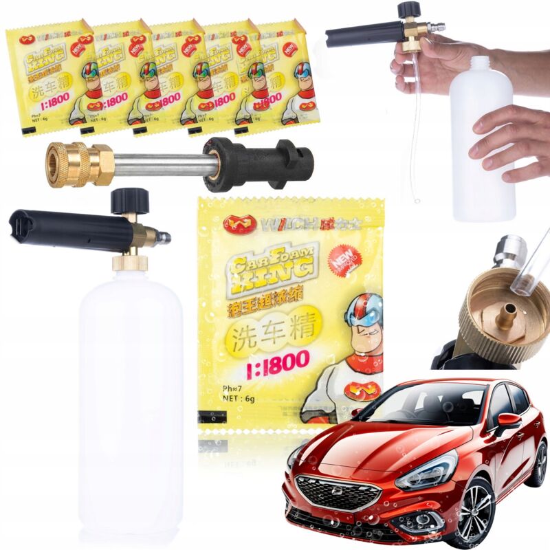 Rosfix 5x Schiuma attiva - Polvere schiumogena per pistola schiuma / tornado 6g + Pistola schiuma 1000ml per idropulitrice + Lancia / adattatore