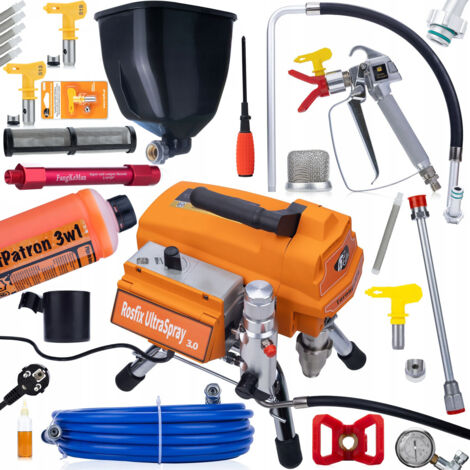 Rosfix Agrégat de peinture Rosfix Tornado RT4 UltraSpray 3000 W 22 MPA 3,2 L/min + 5X Filtre 60 + Réservoir de 6 L + Filtre de pompe + Douille pour montage + Buse 519 + 513 + Liquide 1 L