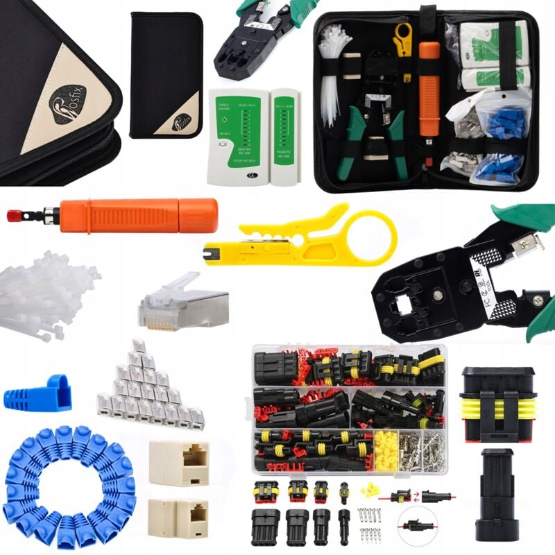 Rosfix Set di strumenti di rete in valigetta (tester per cavi RJ45/RJ11, crimpatrice e accessori) v1 + Set di connettori elettrici ermetici, 352