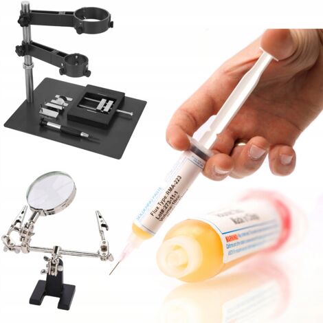 Rosfix Montageplattform / Halter für Hotair und PCB + RMA-223 Lötflussmittel + Dritte Hand mit Lupe