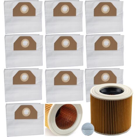 Rosfix Set Sacs Aspirateur + Filtre Renforcé – 10 Sacs Papier 2 Couches + Filtre Mousse  Haute Filtration  compatible avec aspirateur Kärcher WD2, WD3, MV3