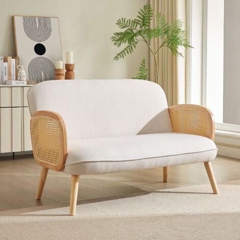 SICAAN ROSI Bohemian-2-Sitzer-Sofa aus Korbgeflecht und beigem Leinen