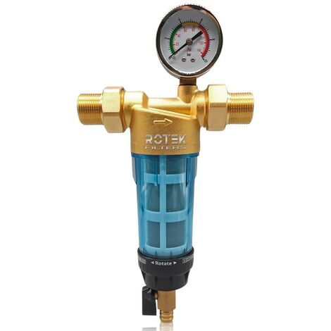 Rosmmel – Préfiltre à eau autonettoyant en laiton – Manomètre intégré – Maille inox 40 microns – Raccords 1” et 3/4” – Débit jusqu’à 3000 L/h