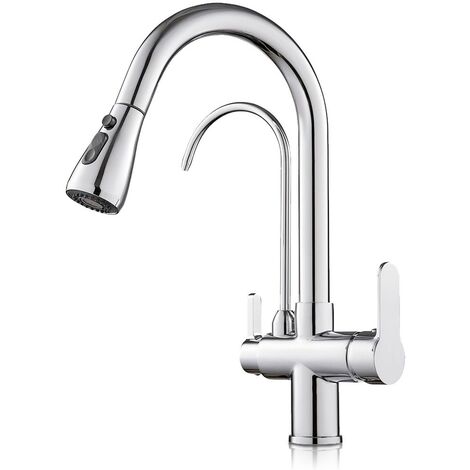 Rosmmel – Robinet à osmose inverse 3 voies extractible – Laiton et chrome épais – Hauteur 410 mm – Rotation 360° – Connexions DIN standard
