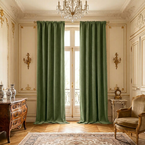 Rosnek Rideaux Occultants en Chenille 510GSM 132x213cm Vert - Lot de 2 Thermique Anti-Bruit