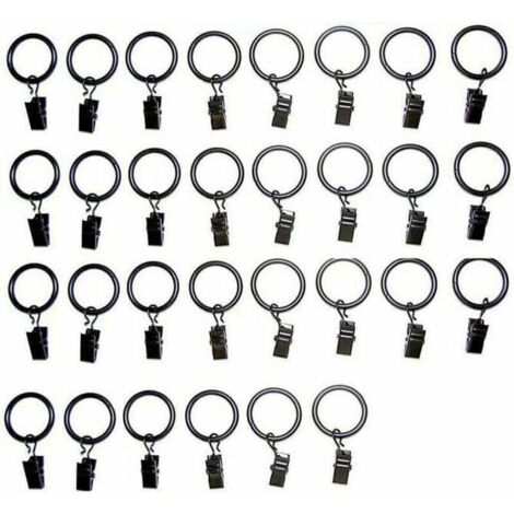 Rostfreie Vorhangringe mit Clips, Vorhangklammern aus Metall, Haken, Vorhangringe mit Metallclip, Clips für Vorhangringe, Durchmesser 35 mm, Schwarz (30 Stück)