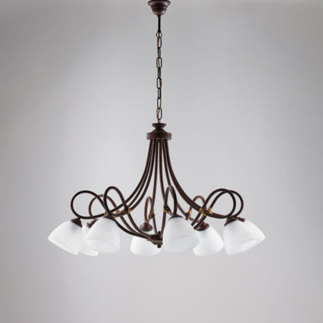 Rostschwarzer Eisenkronleuchter acht Lichter Alabasterweiße Glaslampenschirme 81x h55 cm