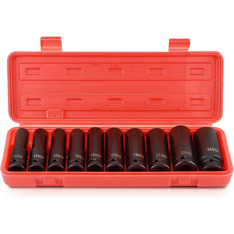 1/2' Jeu de Douilles Profondes Impact 10pcs, 10mm-24mm Métrique Clé Jeu de Douilles à Chocs Profondes, Outil de Réparation de Moteurs Tracteurs