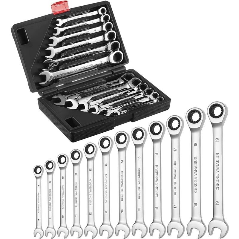Rosvola - 12 Pcs Jeu de Clé Mixte à Cliquet, Clé Plate à Cliquet, Clés Mixtes 8-19 mm avec Boîte à Outils, 72 Dents, pour Réparation