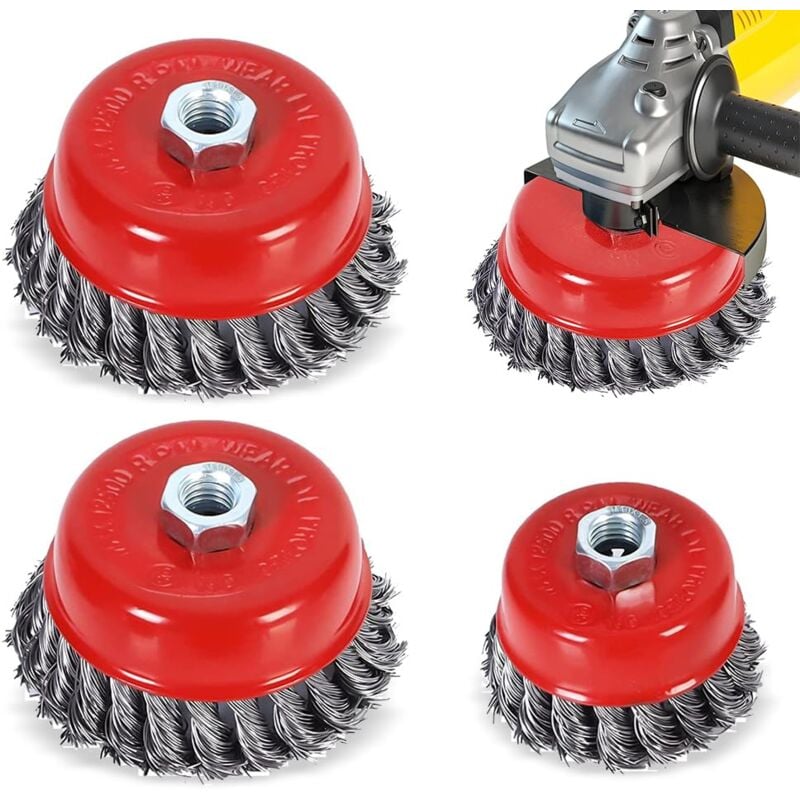 4 pièces Brosse conique pour meuleuse d'angle, en métal/acier, à fil torsadé, flexible, diamètre : 75 mm, filetage de fixation : M14 - Rosvola