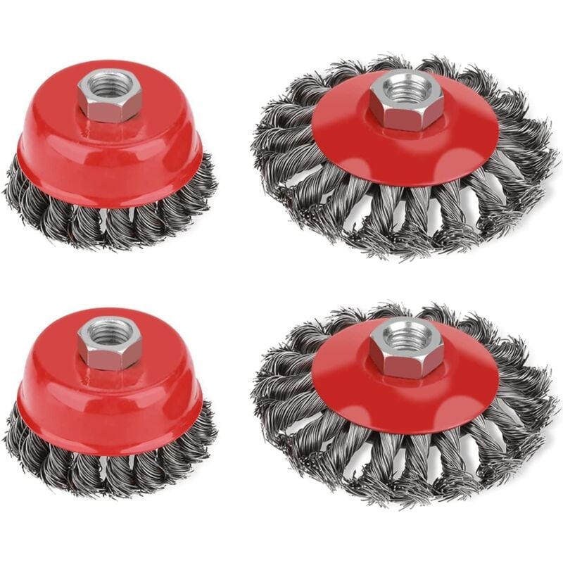 4PCS Brosse conique pour meuleuse d'angle, en métal/acier, à fil torsadé, flexible, diamètre : 75 et 100 mm, filetage de fixation : M14 - Rosvola