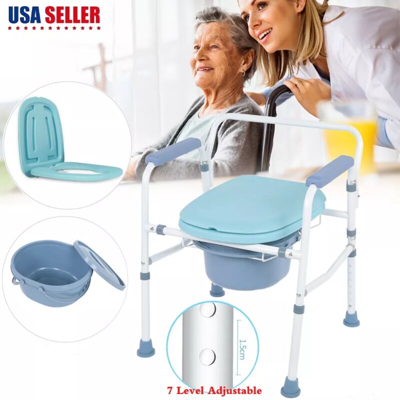 Chaise percée ,Chaise pot, Pliable, Réglable en hauteur, Chaise toilette avec Couvercle, Accoudoirs rembourrés - Rosvola