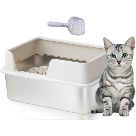 Rosvola Katzentoilette, Katzentoilette aus Edelstahl, Toilette für große Katzen und Kaninchen – klebt nicht an Rückständen, zieht keine Gerüche an, leicht zu reinigen, 50 x 35 x 20 cm (weiß)