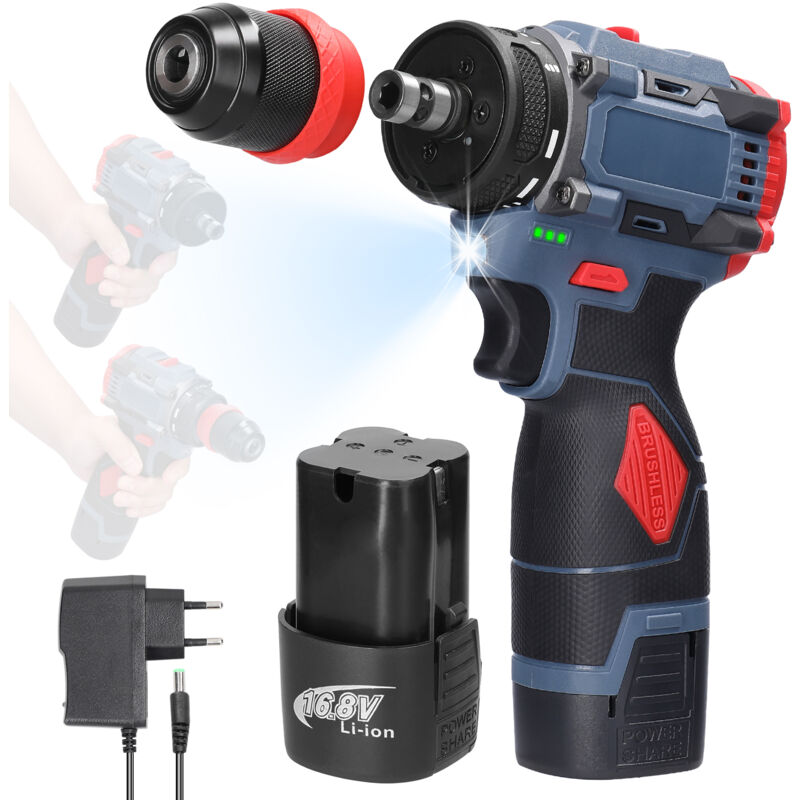 Perceuse visseuse Tournevis sans fil 2 x 16.8V 1300mAh batteries lithium , 45Nm, 2 Vitesses, pour la Bricolage - Rosvola