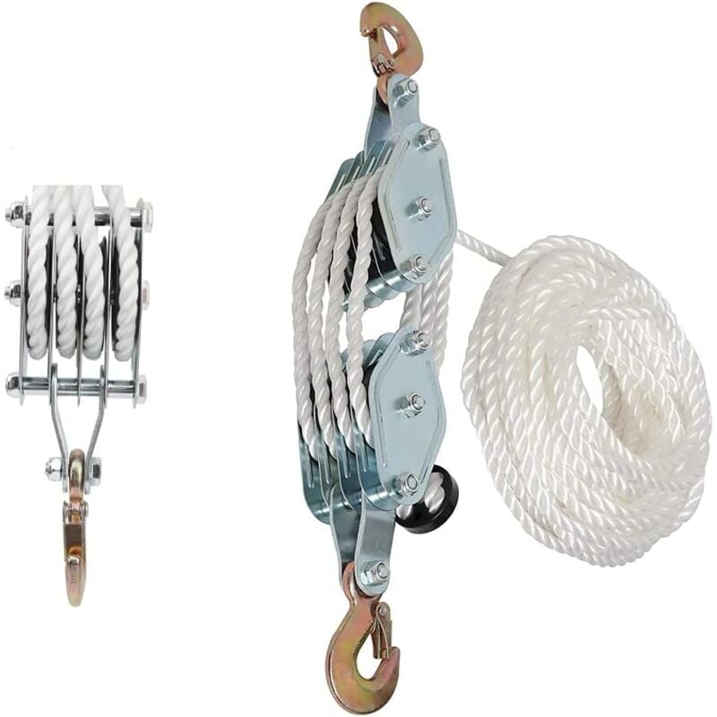 Rosvola - Poulie de palan à corde de 2tonne, charge maximale de 2 tonnes, crochets en acier robuste, poulie de levage, corde en nylon de 20 m,