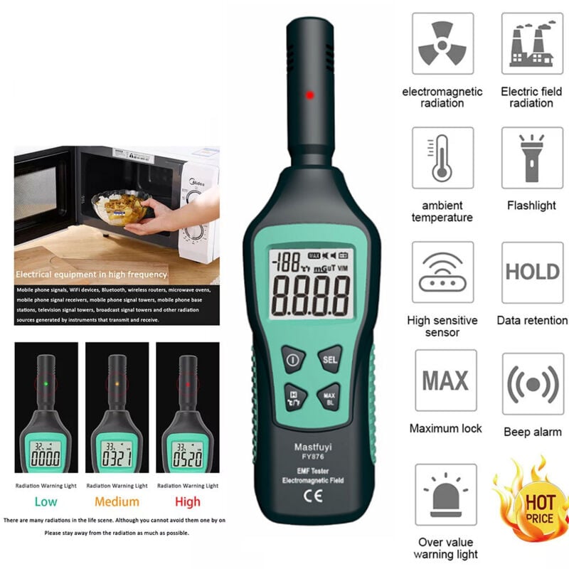 Rosvola - Testeur emf Numérique lcd emf Testeur emf Testeur emf pour Chasse aux Fantômes, Détecteur de Rayonnement Électromagnétique, Maison, Bureau,