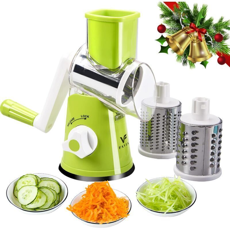 Rotary cheese grater with handle, for kitchen, 3 interchangeable blades for cheese, potatoes, courgettes, nuts, chocolate, greens...