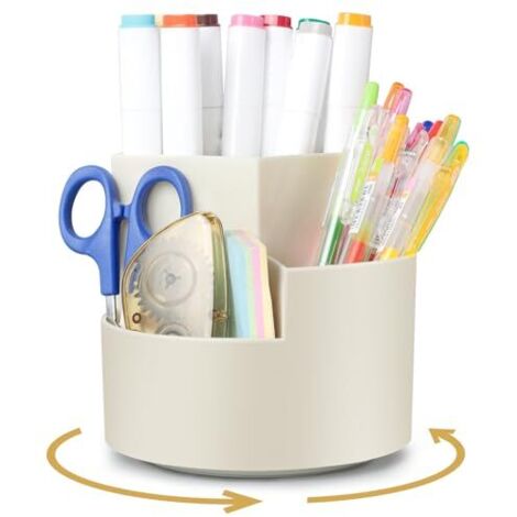 Rotatif Pot a Crayon, Porte Organiseur Bureau, Porte-Stylos Pivotant à 360 Degrés avec 3 Compartiments, Rangement Stylo de Bureau Grande Capacité pour Papeterie, Maquillage, L'artisanat - Blanc