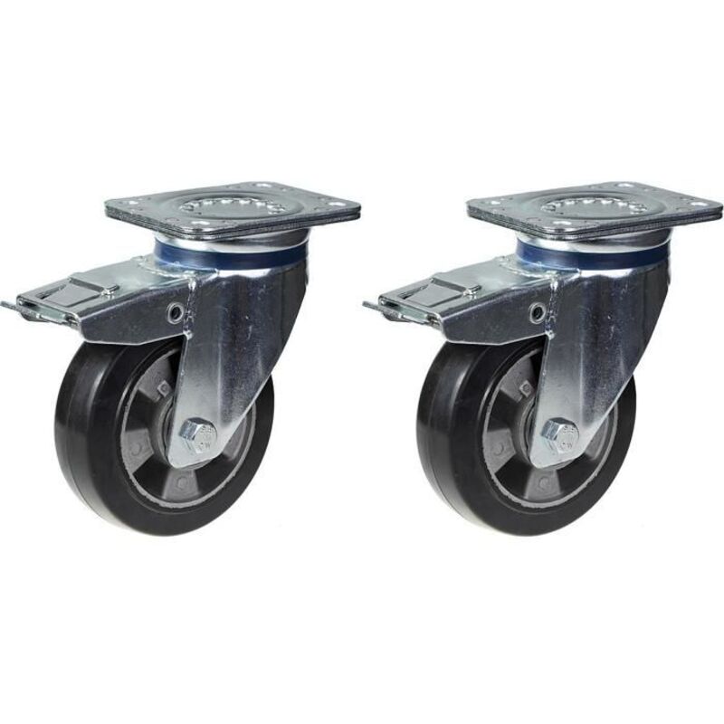 Rotating Caster - Black Rubber - Brake - 330kg per Caster - Set of 2