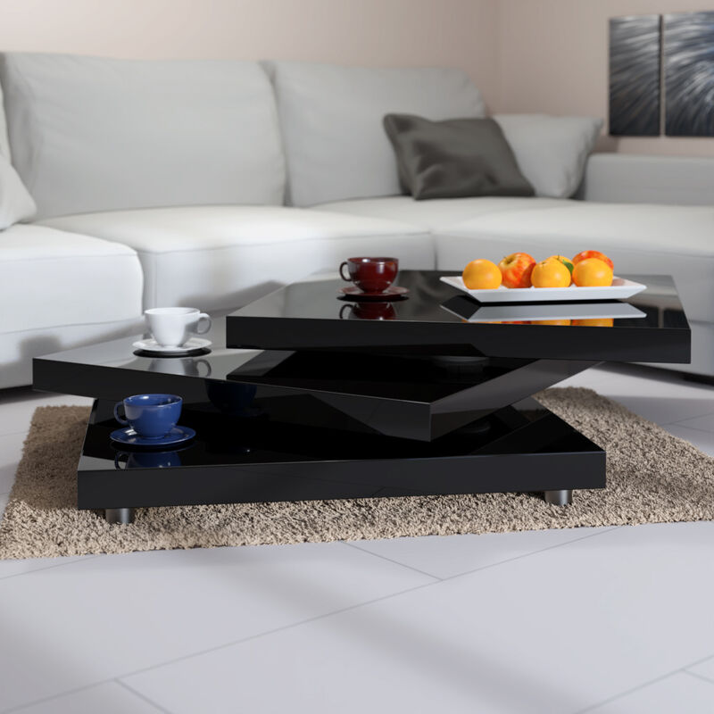 Rotating Coffee Table High Gloss Layers Modern Living Room Furniture Lounge Mdf Black 60cm 106586