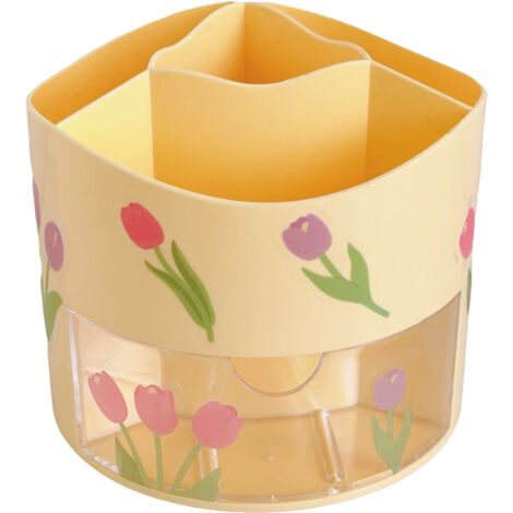 Rotating Pen Container Yellow Plastic Large Capacity with Sticker Spinning Stationary Organizer for Cosmetic Brush Desktop