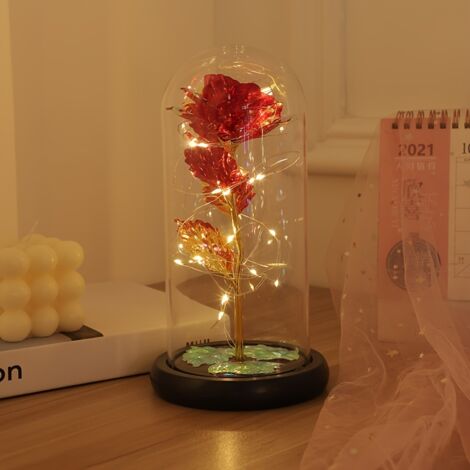 Rote Kristallrose mit LED Lichterkette unter Glasglocke, Dekorative Stimmungsleuchte Warmlicht, Romantische Beleuchtung für Schlafzimmer Hochzeit Party Dekoration