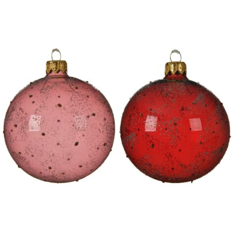 Rote oder rosafarbene Weihnachtskugel mit verschiedenen Glitzer-Weihnachtsdekorationen 8 cm