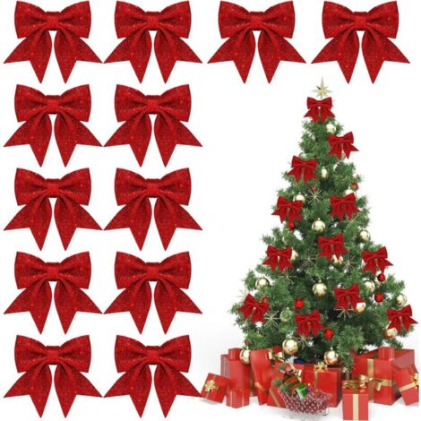 Rote Weihnachtsbaumschleife, Weihnachtsschleifen aus Schleifenband, rote Weihnachtsschleife, glitzernde Weihnachtsschleifen, für Weihnachtsbaumschmuck, Festtagsdekorationen (Red12)