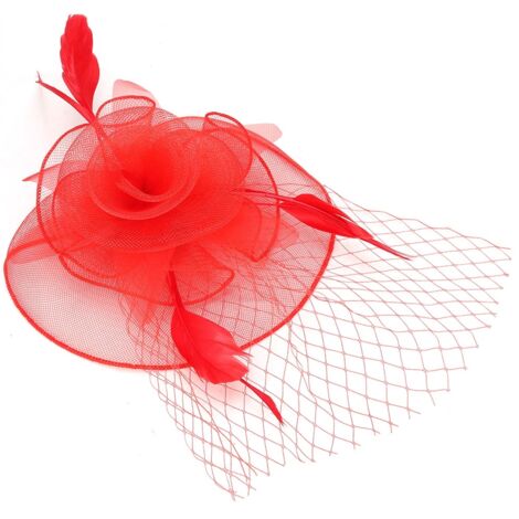 Roter Brauthut aus Tüll mit Federn und Haar-Fascinator im Vogelkäfig-Stil