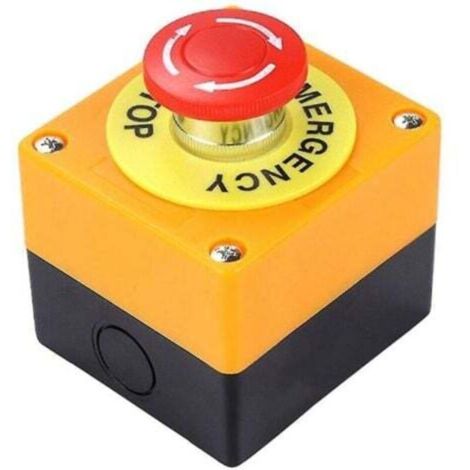 Roter pilzförmiger Not-Aus-Druckknopf mit 1 normalerweise offenen (NO) und 1 normalerweise geschlossenen (NC) Kontakt, der bis zu 10 A bei 660 V verarbeiten kann.