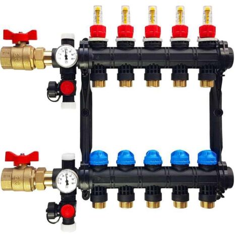 Roth – Collecteur pour plancher chauffant 5 circuits – Débitmètre intégré – Matériau anti-corrosion – Installation rapide et étanche