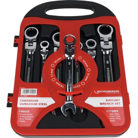 ROTHENBERGER Clé à cliquet à fourche/articulée ROCLICK-Set 7pcs. 8-10-11-13-14-17-19mm en coffret plastique - 70490