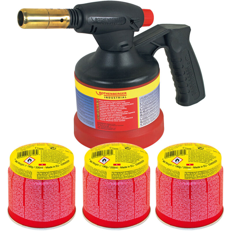 ROTHENBERGER Industrial RoFlame Premium Lampe à souder avec allumage piézoélectrique 1.800 °C y compris 3x C200 cartouches 330 ml avec système ILL