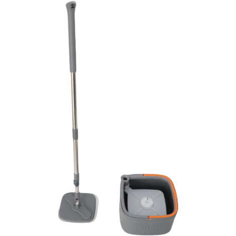 Rotierender Wischmopp mit selbstauswringendem Eimer, Mikrofaser, Nass-/Trockenreinigungsset, Ersatzbezug mit 2 waschbaren Pads, Metall, Grau. Maße: Mopp: 135 cm, Eimer: 30 x 30 x 19 cm