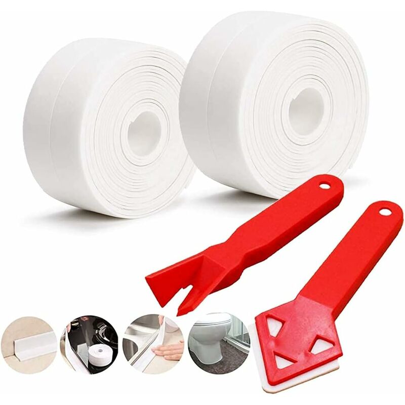 Image of Minkurow - rotoli di nastro sigillante e 2 pezzi di strumento per calafataggio, nastro per vasca, nastro adesivo per sigillante, per cucina, bagno,