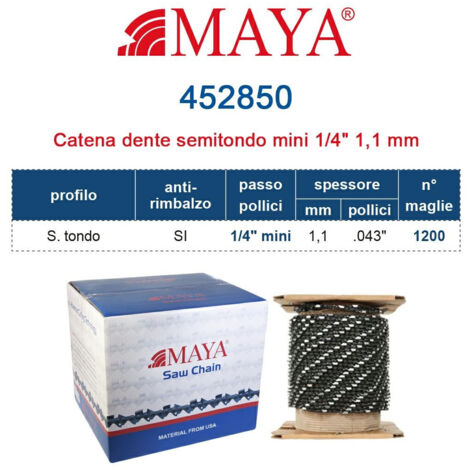 Rotolo Catena Motosega 1/4" - 1,1 mm .043" - 1.200 maglie Prof. S.tondo con antirimbalzo 452850