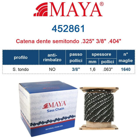 Rotolo Catena Motosega 3/8" - 1,6 mm .063" - 1.640 maglie Prof. S.tondo senza antirimbalzo 452861
