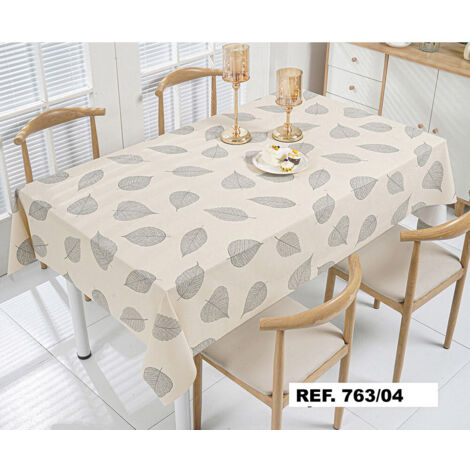 Rotolo di tovaglia “Hoja Silver” 1,40x20m con stampa di foglie beige e grigie